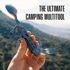 Camping Utensils - 4 In 1 Stainless Steel, Safety Locking Camping Accessories with Durable Sheath - Compact Multi Tool For Camping With Knive, Spoon, Fork, Bottle Opener by Hayvenhurst