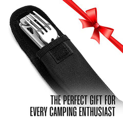 Camping Utensils - 4 In 1 Stainless Steel, Safety Locking Camping Accessories with Durable Sheath - Compact Multi Tool For Camping With Knive, Spoon, Fork, Bottle Opener by Hayvenhurst