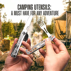 Camping Utensils - 4 In 1 Stainless Steel, Safety Locking Camping Accessories with Durable Sheath - Compact Multi Tool For Camping With Knive, Spoon, Fork, Bottle Opener by Hayvenhurst