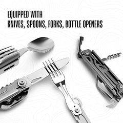 Camping Utensils - 4 In 1 Stainless Steel, Safety Locking Camping Accessories with Durable Sheath - Compact Multi Tool For Camping With Knive, Spoon, Fork, Bottle Opener by Hayvenhurst