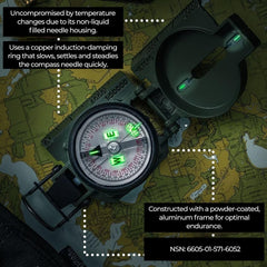 Cammenga Official US Military Phosphorescent Lensatic Compass, Olive Drab Accurate Waterproof Hand Held Compasses with Pouch for Hiking Camping Navigation Survival Backpacking Orienteering