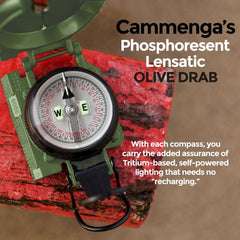 Cammenga Official US Military Phosphorescent Lensatic Compass, Olive Drab Accurate Waterproof Hand Held Compasses with Pouch for Hiking Camping Navigation Survival Backpacking Orienteering