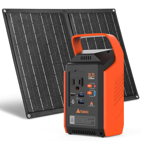 Takki 120W Peak Solar Generator Portable Power Station with Solar Panels 21W Included, 83Wh Solar Power Bank Charger AC Outlet for Camping Emergency Outdoor Tent