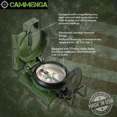 Cammenga Official US Military Phosphorescent Lensatic Compass, Olive Drab Accurate Waterproof Hand Held Compasses with Pouch for Hiking Camping Navigation Survival Backpacking Orienteering